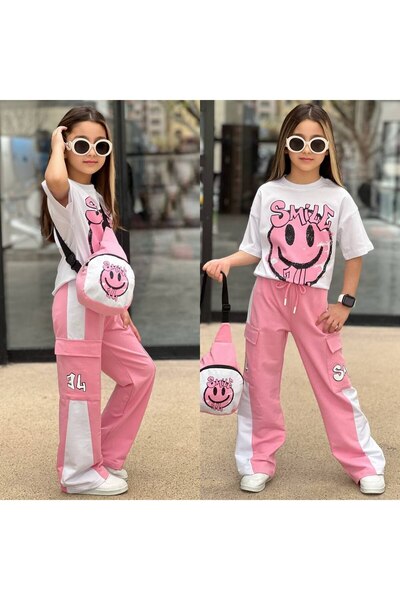 SÜSLÜ KİDS Girl's Emoji Printed Tracksuit with Bag and Cargo Pocket Sweatshir...