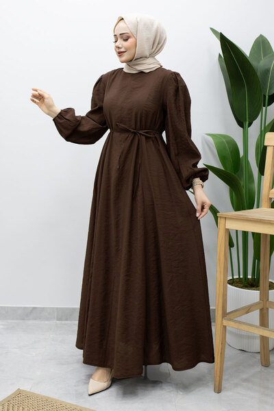 Tesettür Dünyası Lina Dress with Stitching and Lace Detail Tsd260223 Brown