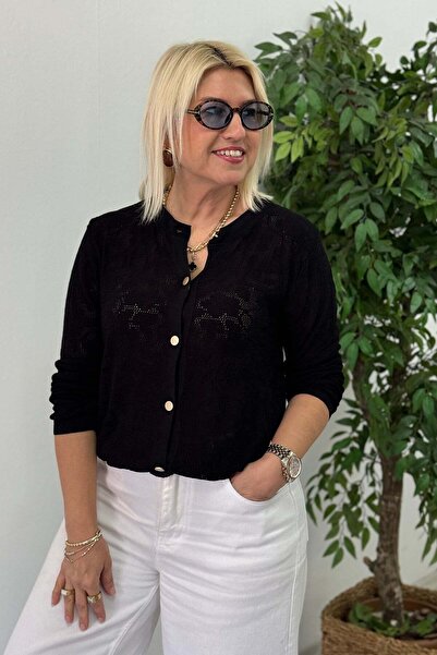 By Esra Celkan Black Floral Openwork Buttoned Knitwear Cardigan