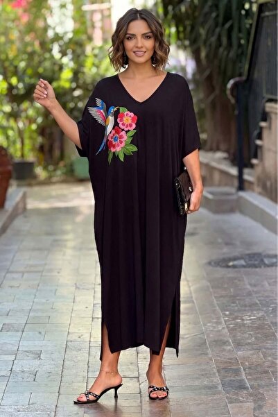 Nevin Kaya Moda Black Bird Embroidered Plus Size Dress