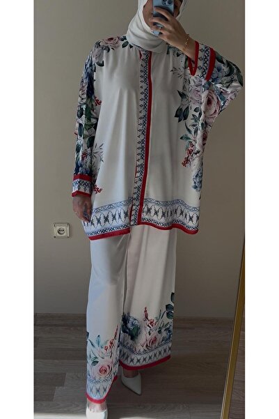 GREJ FLORAL İPEK SATEN TAKIM
