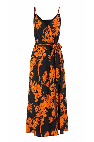 Eight Fashion Women's Orange Floral Patterned Long Viscose Dress with Slit an...