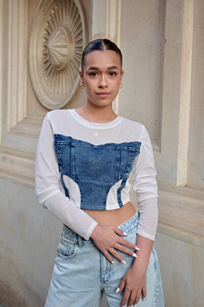 Alternative Denim corset blouse with sheer sleeves