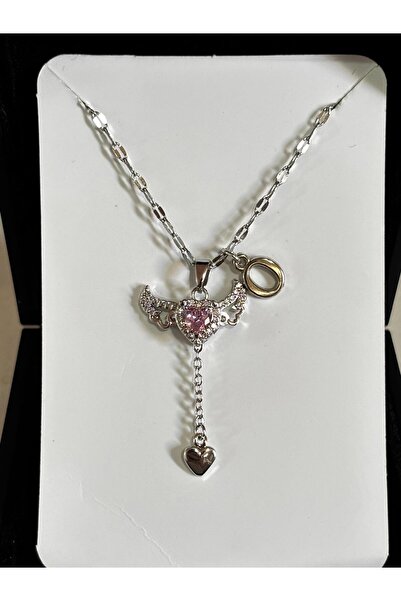 bijoux uniques çelik pembe kalpli melek kanadı harfli kolye