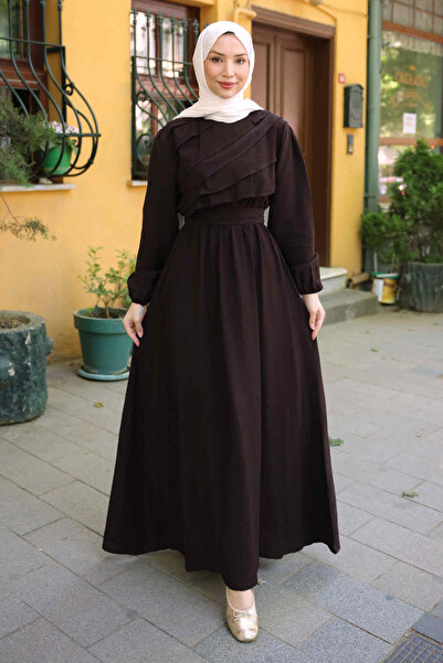 İmajButik Brown Ruffle Layered Elastic Waist Dress
