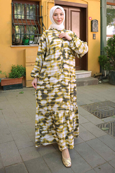 İmajButik Mustard Half Buttoned Sleeves Elasticized Batik Patterned Viscose D...