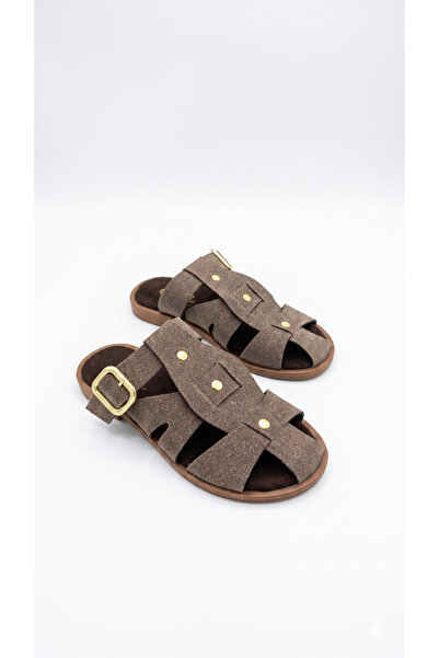 uway Women's Suede Belt Detailed Gold Buckle Flat Sole Closed Front Summer Co...