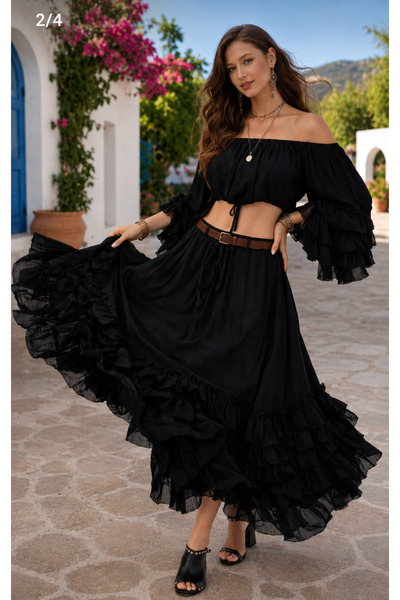 elite aura collectıon Elite Aura Noir Siyah Volanlı Bohem Crop Bluz Etek Takım