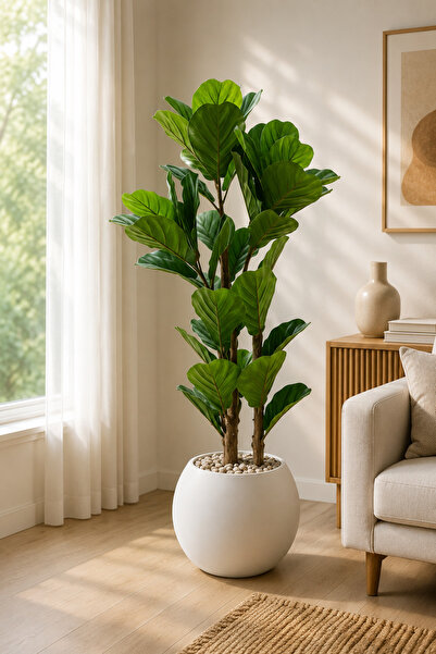 TrentonGCC Artificial Fiddle Leaf Fig Plant in Modern Round Pot – Premium Ind...