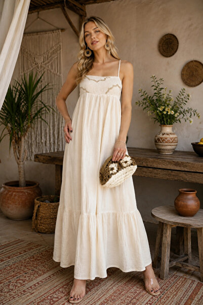 Lusin Women's Beige Lined Chest Patterned Strappy Gipeli Summer Bohemian Dress