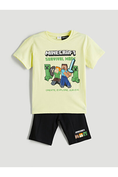 LC Waikiki Set de pijamale pentru băieți Minecraft cu imprimeu cu guler rotun...
