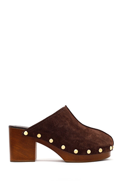 Derimod Women's Brown Platform Thick Heeled Suede Leather Slippers 26Pfd151410