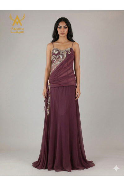 Asiana Dara Dress Elegant Evening Gown in Purple or Blue, Adorned with Embroi...