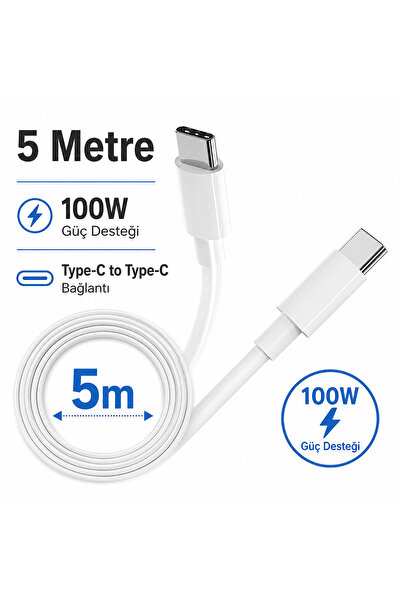 Coverzone 5 Metre Type-C Type-C Şarj Kablosu 100W Fast Charging Data Sync Uzu...