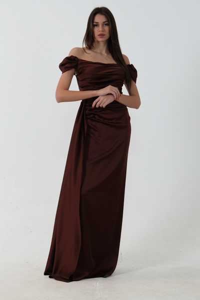 belamore Drape Detaylı Saten Kumaş Abiye Elbise Kahve 9704858