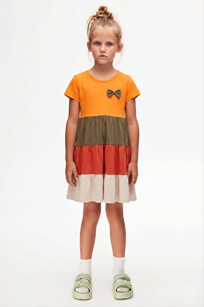 LOVETTI Cadmium Yellow Stone Bowknot Colorful Layered Girls' Short Sleeve Dress
