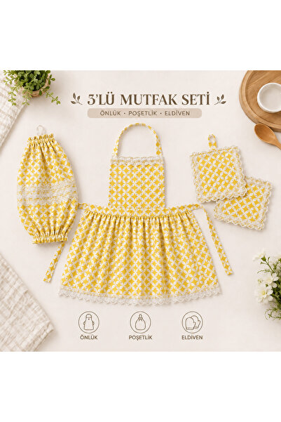 Ayşenur Çeyiz Duck Kumaş Önlük Seti 3lü Önlük - Poşetlik - Tutacak