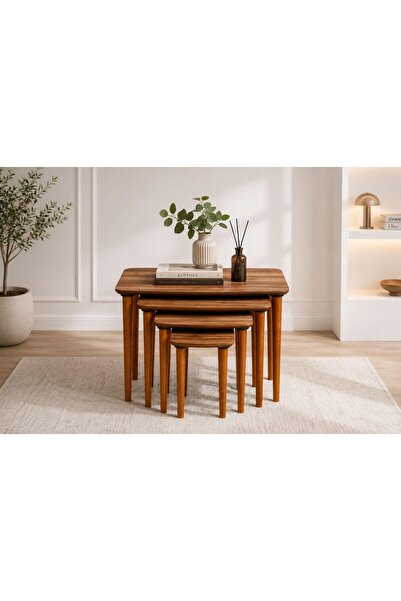 KARLI 4'lü Ceviz MDF Ahşap Ceviz Ayaklı Dayanıklı Zigon Sehpa