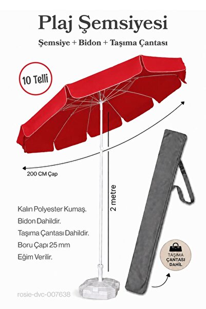 Düvenci Kırmızı Plaj Şemsiyesi 200 cm Çap / 10 Telli + Bidon + Taşıma Çantası...