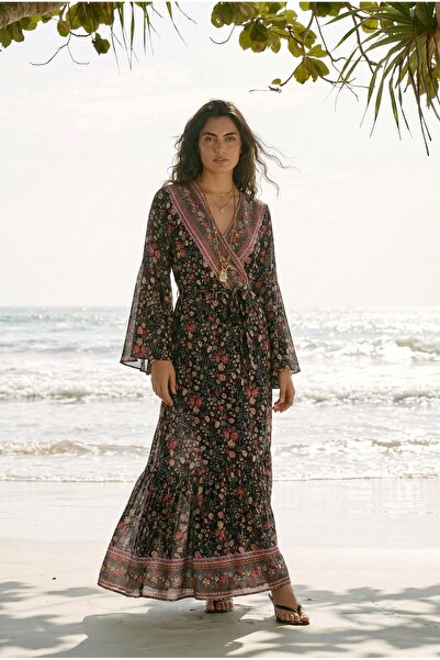 Park Moda Floral Black Viscose Kimono Dress Summer Long Double Breasted Colla...