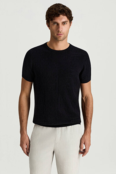 Hemington Saf Pamuk Paisley Desen Bisiklet Yaka Siyah Triko T-Shirt