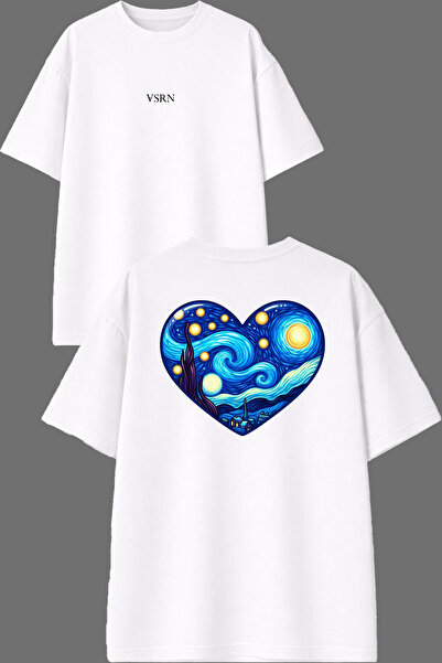 VSRN Μπλουζάκι Heart Blue Design με στάμπα μπροστά και πίσω, λευκό oversize