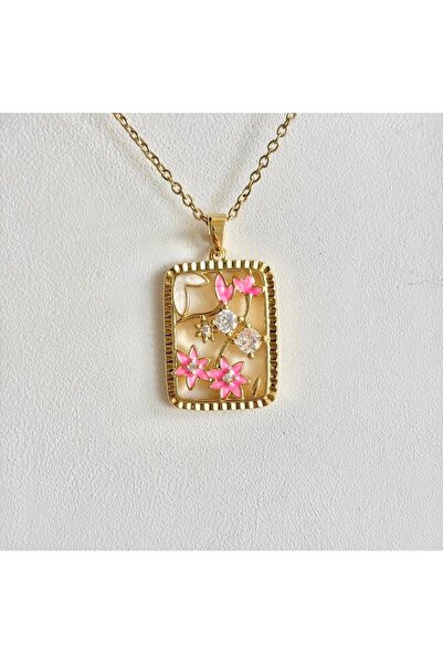deluxe takı ve giyim Pink Frame Detail Zircon Stone Necklace