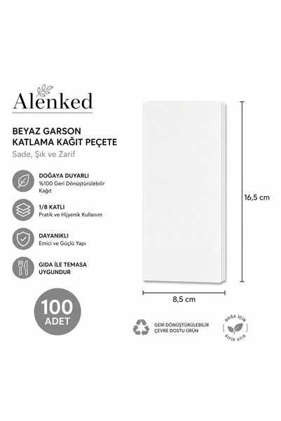 alenked Beyaz Garson Katlama 33x33 Kağıt Peçete - 100'lü