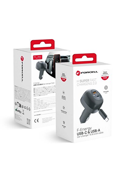 Forcell Încărcător auto F-Energy Alu USB C + USB A + cablu USB C retractabil ...