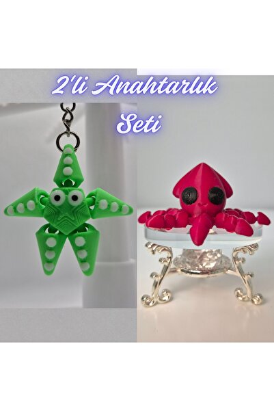 3DAtölyeMaker Green Moving Starfish and Fire Engine Red Squid Keychain