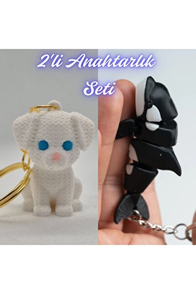 3DAtölyeMaker White Knitted Pattern Dog-2 and Black Flexible Whale Keychain