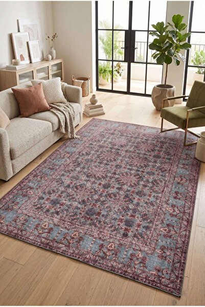 ARTLOOP Relic Bordo / Mavi Vintage Dokulu Klasik Desenli Dokuma Tabanlı Şönil...