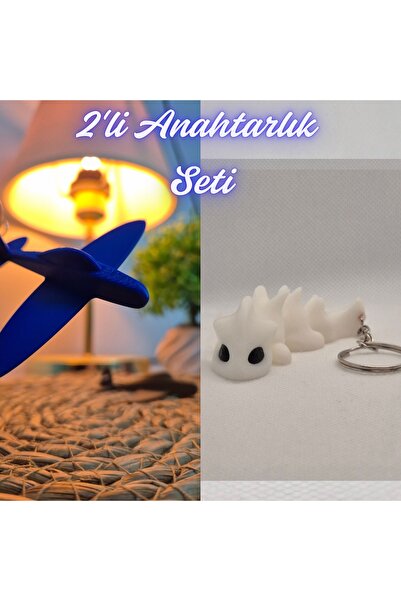 3DAtölyeMaker Blue Airplane and White Flexible Dragon Keychain