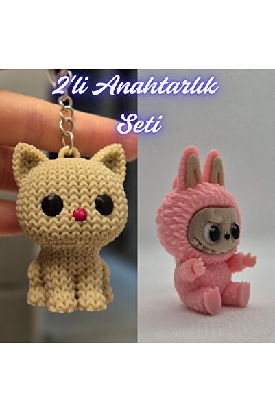 3DAtölyeMaker Cream Knitted Patterned Cat and Light Pink Labubu Keychain