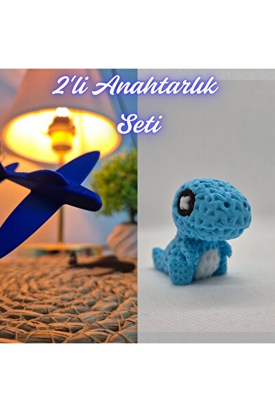 3DAtölyeMaker Blue Airplane and Light Blue Knitted Pattern Moving Dino Keychain