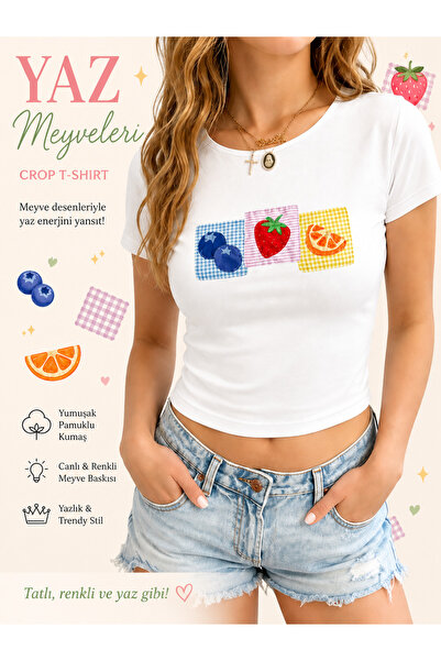 PALPİTO Tricou crop mulat cu decolteu rotund, imprimat cu fructe de vară, pen...