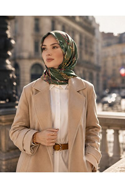 Vissona %100 Twill İpek Kurdele Ve Zincir Desenli Haki - Fuşya Renkli 90x90 E...