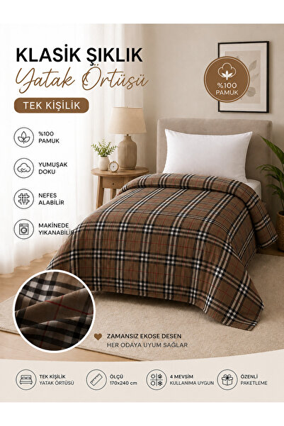 Vivesta Home %100 Pamuk Tek Kişilik Yatak Örtüsü 170x240 cm | Klasik Ekose De...