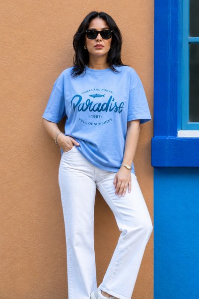 Merci Women's Blue Cotton Oversize Printed Lycra Crew Neck T-Shirt