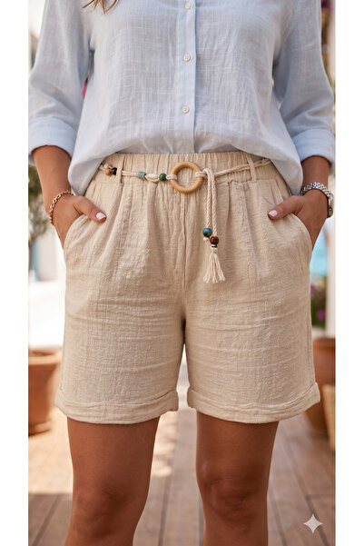 shE tekstil Belted Comfortable Fit Linen Shorts