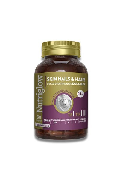 NUTRIGLOW Skin Nails & Hair Doğası Değiştirilmemiş Kolajen Tip I - III 30 Kapsül