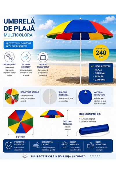 KTM Umbrelă de plajă multicoloră, diametru 240 cm, cu înălțime reglabilă