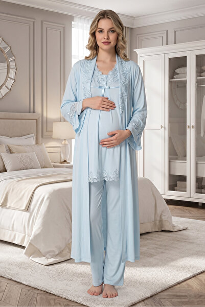 BLACKMORE Women's Blue Cotton Elegant Lace 3-Piece Maternity Pajama Set with ...