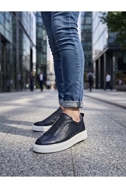 modaayakkabı Lacivert Hakiki Deri Lastikli Eva Taban Sneaker Ayakkabı