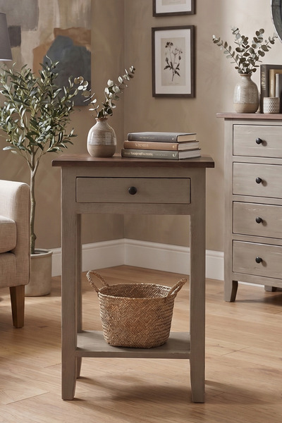 AdnDesing Chevron & Oak Doğal Ahşap Eskitme Masif Yan Sehpa - Kurulumsuz Komo...