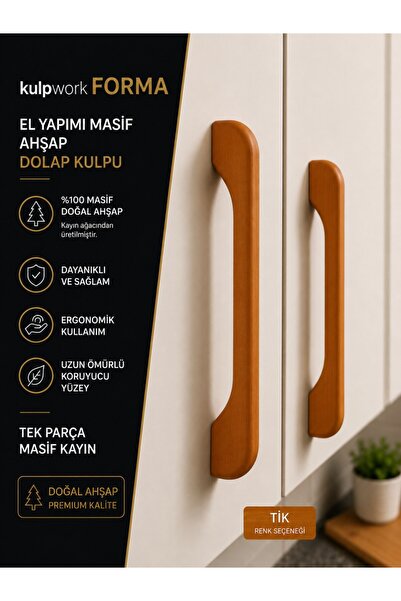 Kulpwork Forma (Tik Rengi) Masif Ahşap Mobilya Mutfak Dolap ve Çekmece Kulpu ...