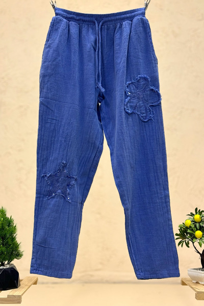 sahnemoda Çiçek Yıldız Baskı İşleme Keten Pantolon