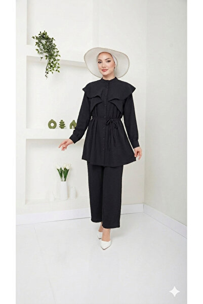 QUBERZ Women's Black Belted Casual Tunic Pants Hijab Set