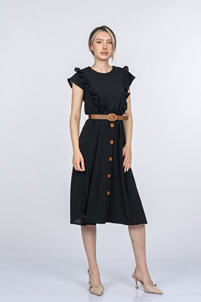 MissVina Estelle Belted Ornamented Buttoned Ruffle Detailed Dress 50406