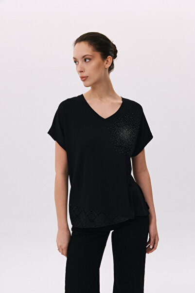 DAIDO Women's V-Neck Lace Detailed Stone Embellished Blouse 6260 Black
